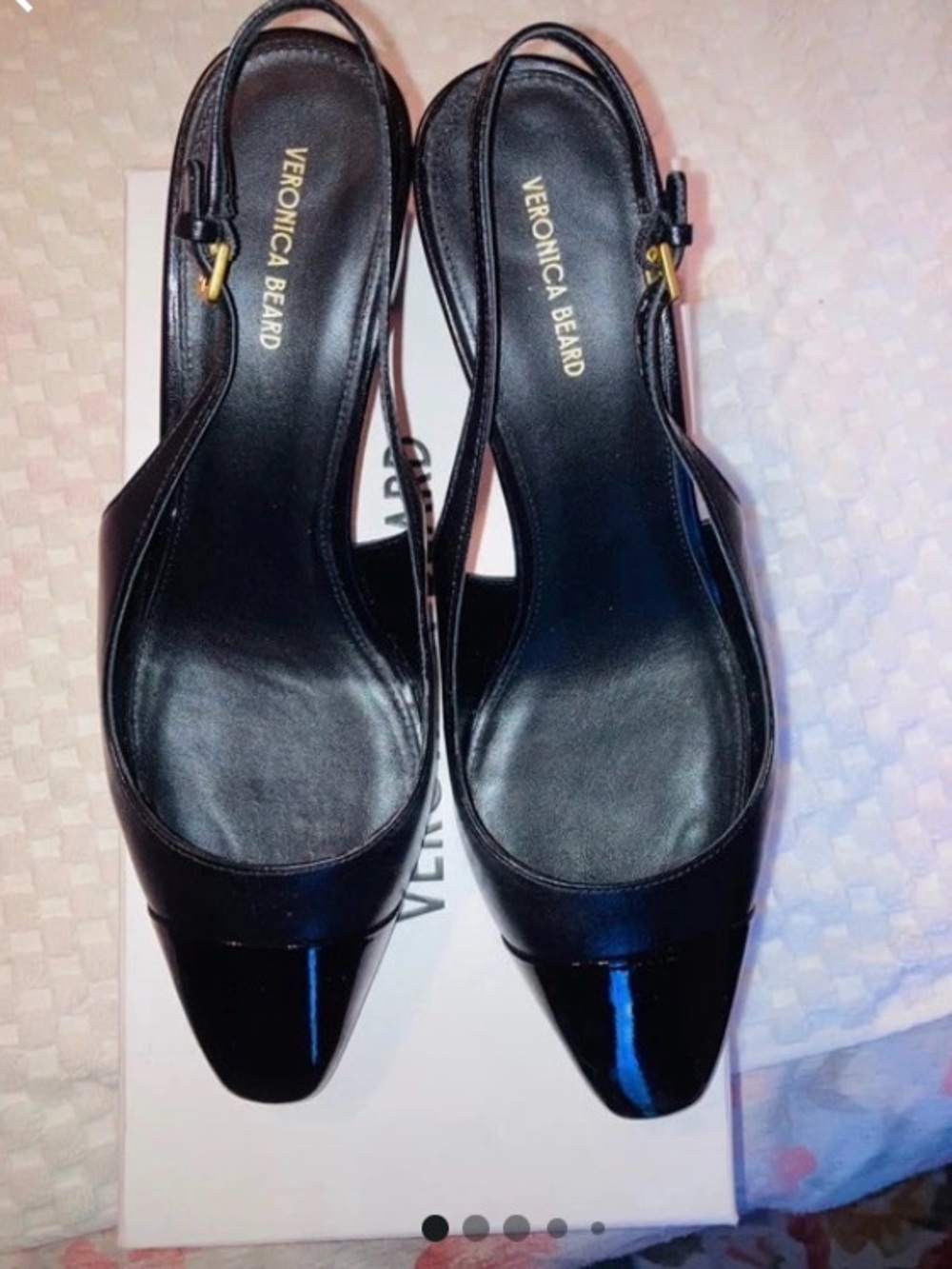 Veronica Beard Black Pointed Slingback Heels with Gold Buckle